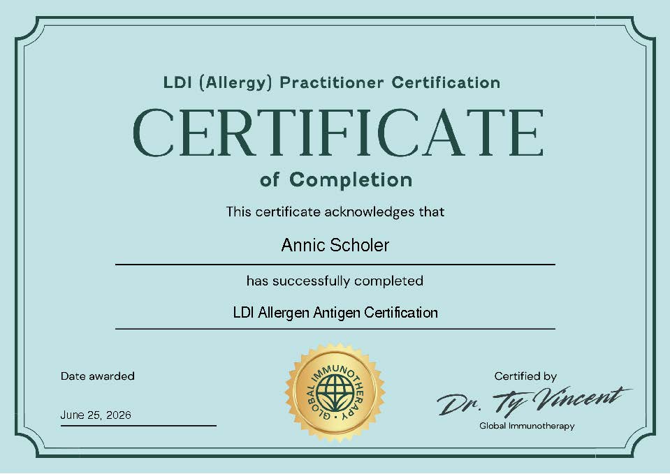 Annic-Scholer-LDI-Allergen-Antigen-Certification-Allergy-Certificate-Global-Immunotherapy-with-Dr.-Ty-Vincent-M.D